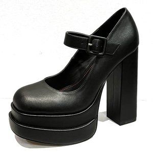 Black Double Platform Mary Jane Platform Chunky Heel Pumps
